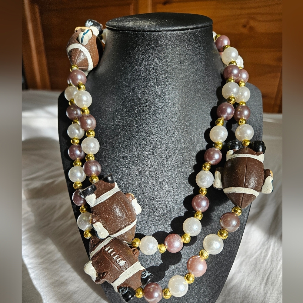 Brown and White Beaded Football Necklace